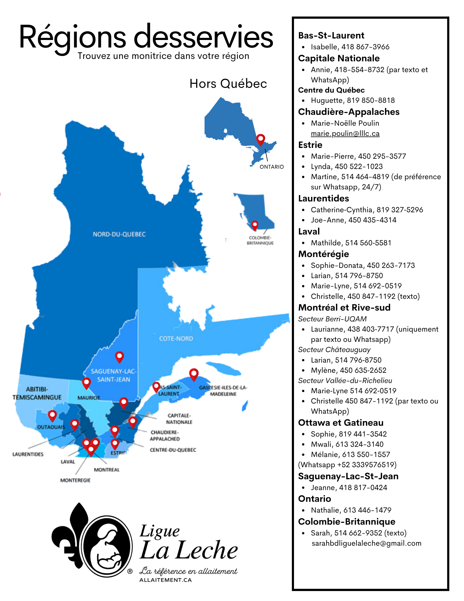 Carte des régions desservies par la Ligue La Leche
